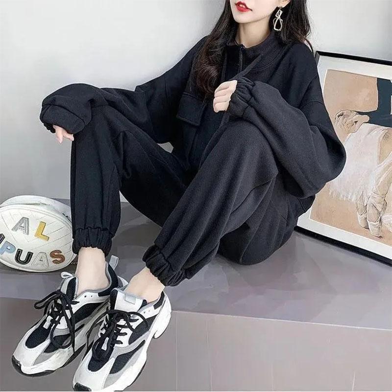 2PCS Women's Autumn Leisure Sports Sweater Suit Two-Piece Zipper Cardigan + Sweatpants Ladies Loose Fitness Clothing