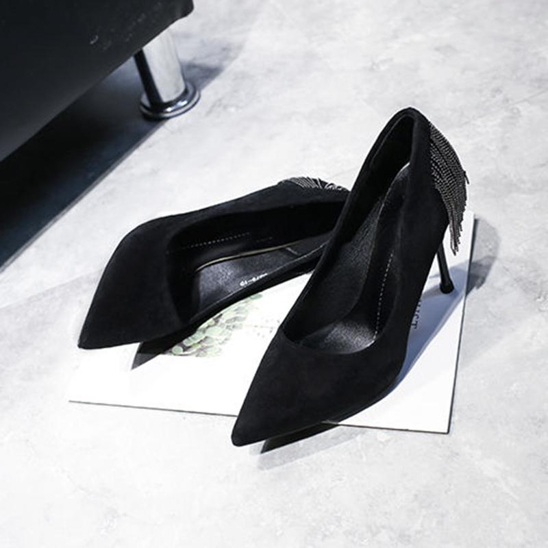 Pointed High Heels Female Spring and Summer Stiletto French Girl Sexy Black High Heels with Fringed Fringe