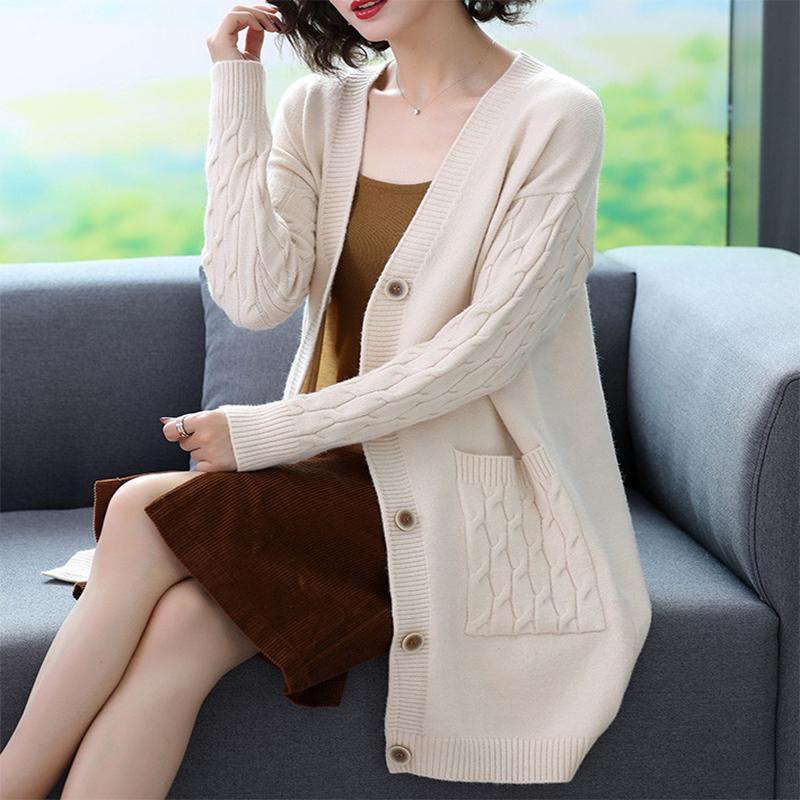 Cardigan Sweater Women's Medium Long Loose Thin Section 2022 Plus Size Spring and Autumn Wear Knitted Coat