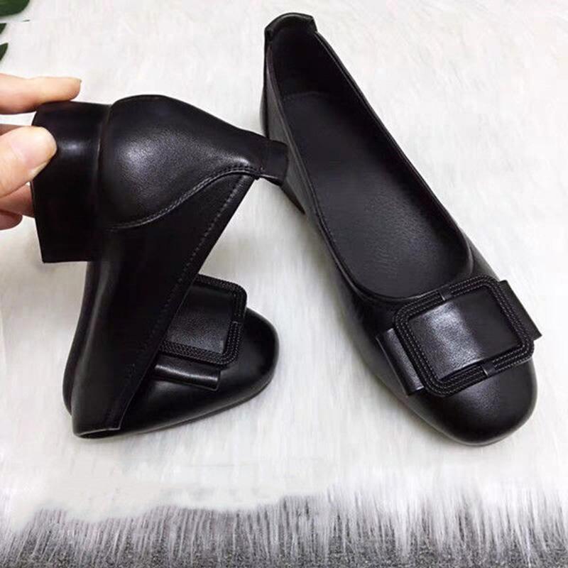 Single Shoes Women's Flat Casual Shoes Women's Thick Heel Soft Sole Comfortable Round Toe Leather Shoes Breathable All-match Women's Leather Shoes