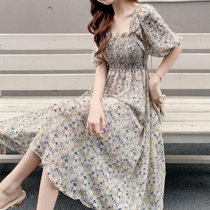 Female Vintage High Waist Super Fairy Holiday Dress Elegant Slim Little Fresh Chiffon Floral Print Dress