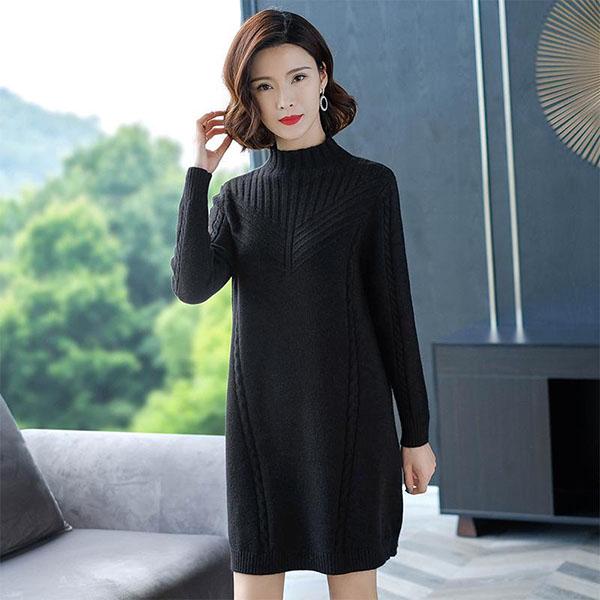 Autumn and Winter Mid-length Sweater Loose Long-sleeved Knitted Bottoming Shirt All-match Half High Collar Dress