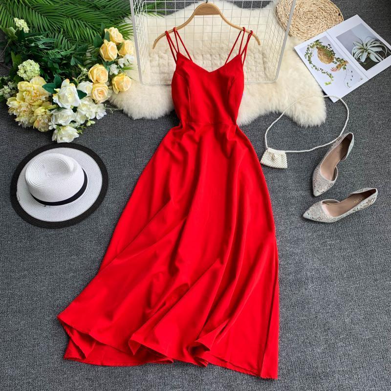 Summer Holiday Dress Cross Spaghetti Strap Open Back Solid Beach Style Ankle-Length Women Dresses