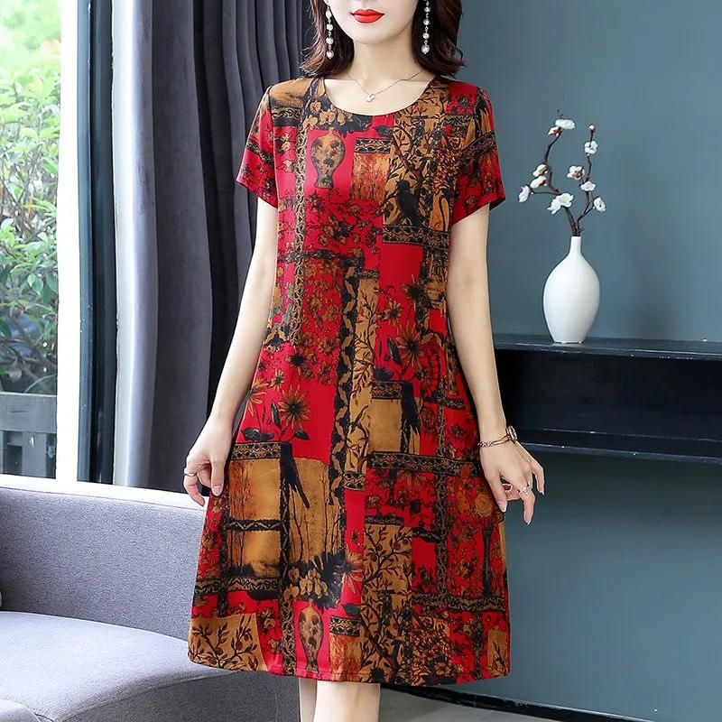 Ice Silk Retro Printed Dress Mid-length Fat Straight Skirt Round Neck Short-sleeved Ladies Loose Casual Dress Fabric Smooth Soft Light and Breathable