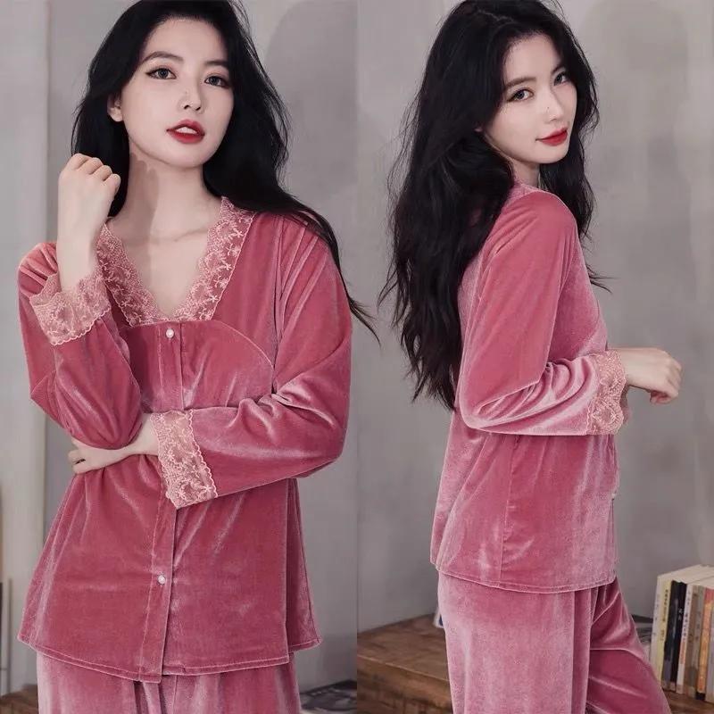 Women's Gold Velvet Pajamas Set Spring Autumn Sexy Lace Pyjamas Suit Out Wear Loose Comfortable Solid Color Thin Velvet Homewear Winter Sleeping Suit