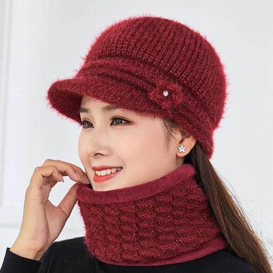 Winter Hat Bib Suit Plus Velvet Thick Warm Knitted Wool Hat Outdoor Windproof Mask Bib One for Women