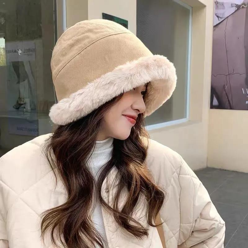 Winter Women's Thick Plush Basin Hat Korean Version of Solid Color Fisherman Hat Cold and Warm All-match Hat