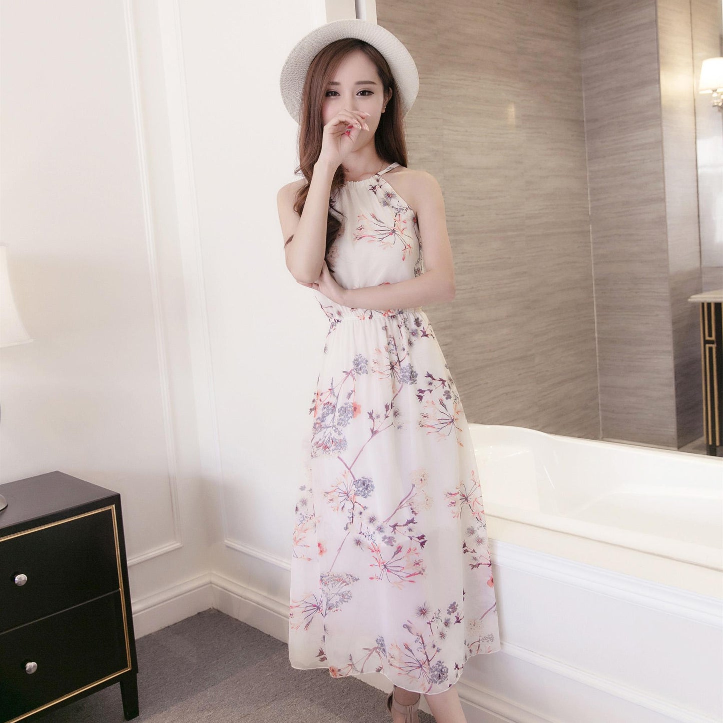 Summer Sweet Halter Strapless Chiffon Floral Dress Sleeveless Beach Long Party Dress