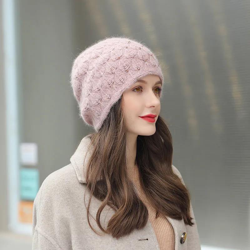 Women's Hat Autumn Winter Thickening Warm Beret Hat Cold-proof Rabbit Fur Blended Knitted Hat Windproof Beanies Cap Headgears Solid Pearl Decor Hat