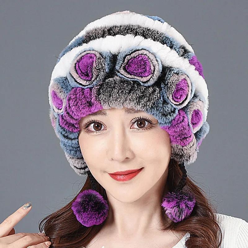 Women's Rex Rabbit Fur Hat Autumn and Winter Elegant Floral Warm Mother's Ear Cap Fur Hat Thick Bib Fur Hat All-match Ear Protection Hat