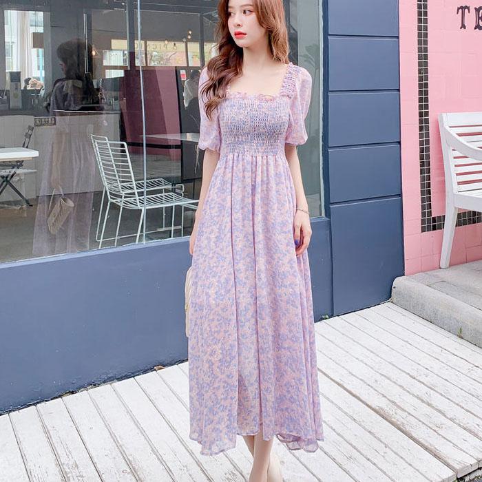 Female Vintage High Waist Super Fairy Holiday Dress Elegant Slim Little Fresh Chiffon Floral Print Dress