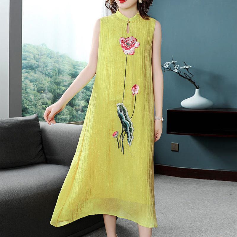 Temperament Embroidery Noble Cheongsam Sleeveless Vest Chiffon Dress 2021 Summer