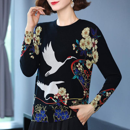 Autumn and Winter Women's Knitted Sweater Cartoon Print Sweater Round Neck Pullover Long Sleeve Bottoming Shirt Loose Fashion