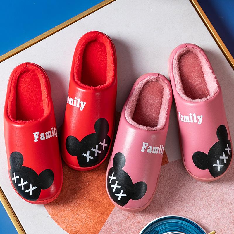 Women Winter Home Slippers PU Waterproof Cartoon Shoes Non-slip Soft Warm Men House Slippers Indoor Bedroom Lovers Couples