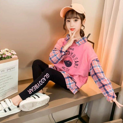 Girls Suit Spring and Autumn Korean Version Loose Pullover Shirt Long-sleeved Sweater + Leggings Trousers Casual Children's Two-piece Set