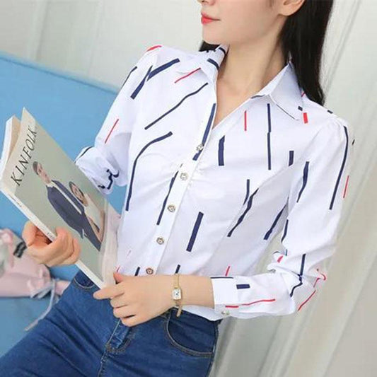 Slim-fit Blouse All-match V-neck Bottoming Shirt Women's Long-sleeved Printed Blouse Suit with Fabric Light and Breathable Bottoming Shirt