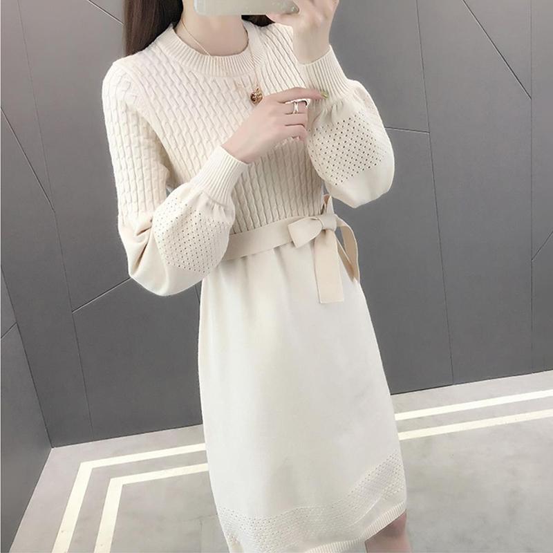 Knit Dress Women Autumn and Winter Loose Mid-length Over-the-knee Sweater Bottoming Tie Belt Slim-fit Sweater Dress Puff Sleeve Sweater