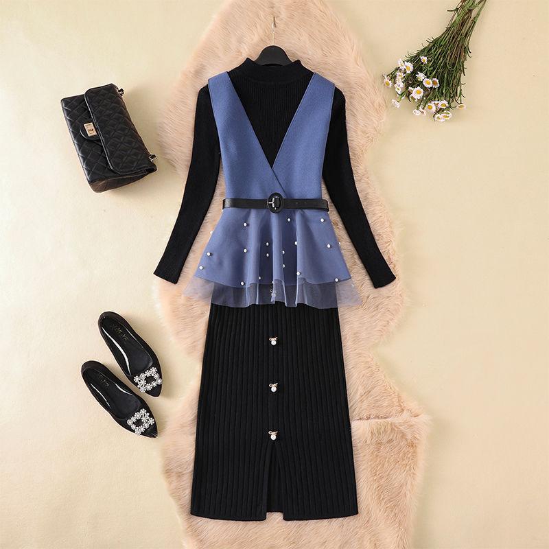 Autumn and Winter Sweater Suit Women's Waistcoat Knitted Sweater Top and High Waist Bag Hip Bodycon Skirt Three-piece Set Office Ladies Outfits