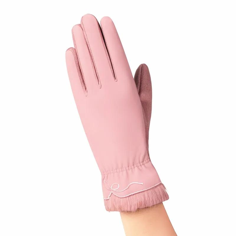 Women's Winter Down Cotton Gloves Cold-proof Plus Velvet Thickening Waterproof Touch Screen Mittens for Riding Driving Thermal Embroidered Gloves