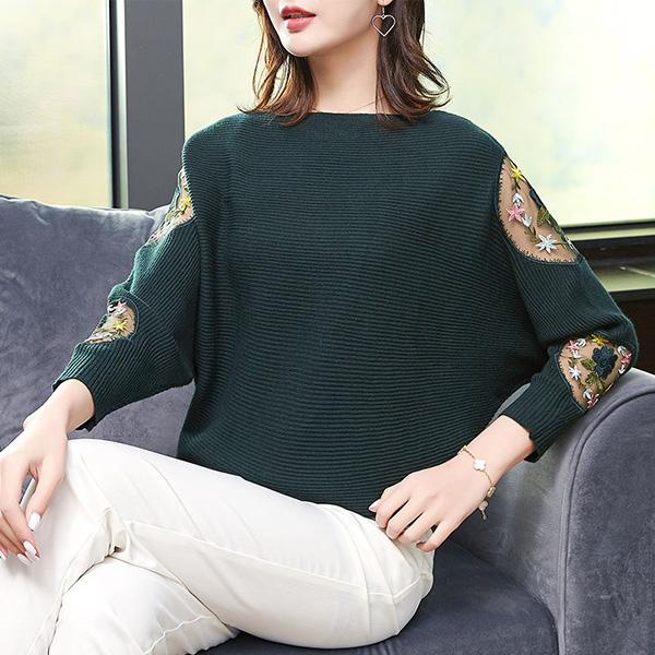 Sweater Women Loose Outer Wear Bat Sleeves Large Size Lace Casual Tops Spring and Autumn Printing Bottoming Shirt