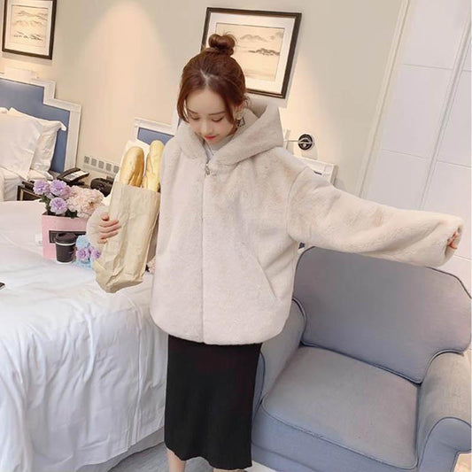 Fall/winter Imitation Mink Woolen Coat Loose Casual Hooded Thick