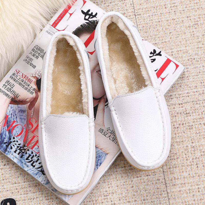 Plus Velvet Flat Leather Shoes Plus Velvet Peas Shoes Female Nurse Shoes Driving Shoes Plus Velvet Warm Cotton Shoes Moccasin Shoes