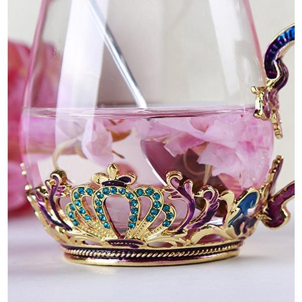 320/350ML Enamel Water Cup Household Coffee Cup Glass Cup Tea Crystal Beer Cup with Handle Wedding Gift Creative Flower Teacup Heat-resistant Glass