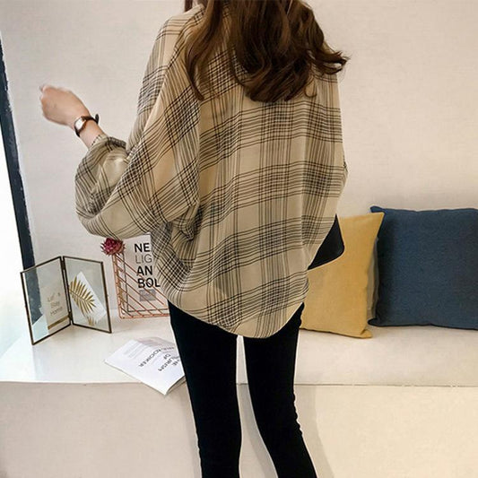 Plaid Chiffon Shirt Women's Spring and Summer Fashion All-match Long-sleeved Sunscreen Top