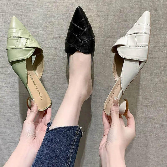 Low-heeled Baotou Half-slippers Women's Summer All-match Lazy Fashion Outer Wear Thick-heeled Pointed-toe Sandals and Slippers