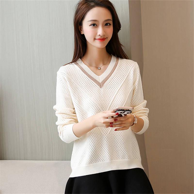 Women Black Slim V-neck Pullover Sweater Thickened Hollow Soft Knitted Bottoming Shirt Coat