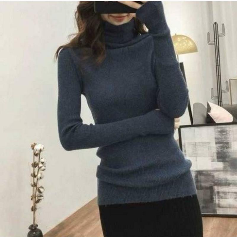 Pofulove long sleeve pullover base sweater autumn and winter tops Slim pile turtleneck sweater women