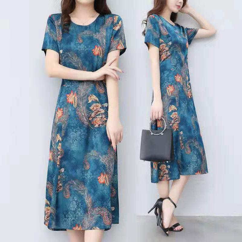 Retro Ethnic Print Mid-length Dress Summer New Plus Size Women's Loose Short-sleeved A-line Skirt