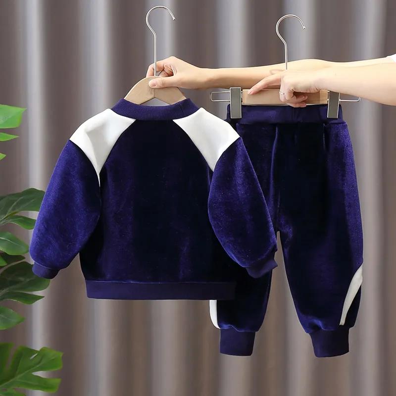 2021 Children's Clothing Plus Fleece Boy Middle and Small Children's Sweater Suit Double-sided Fleece Baby Casual Korean Two-piece Suit