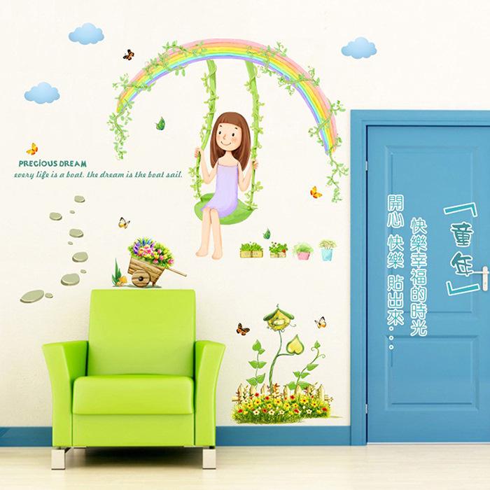 Cartoon Rainbow Swing Girl Wall Sticker Kids Room Bedroom TV Background Wall Decoration Sticker