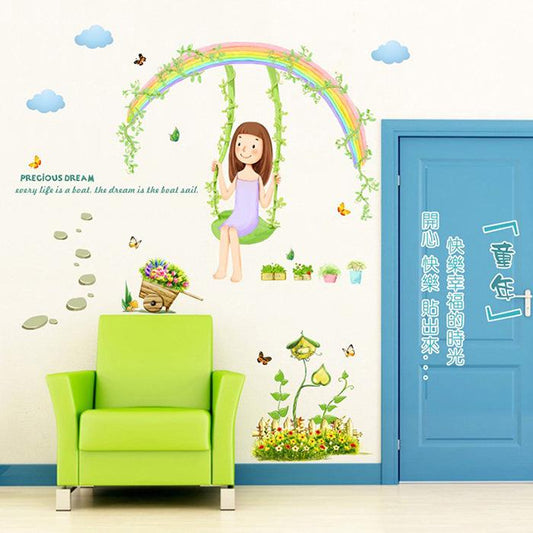 Cartoon Rainbow Swing Girl Wall Sticker Kids Room Bedroom TV Background Wall Decoration Sticker