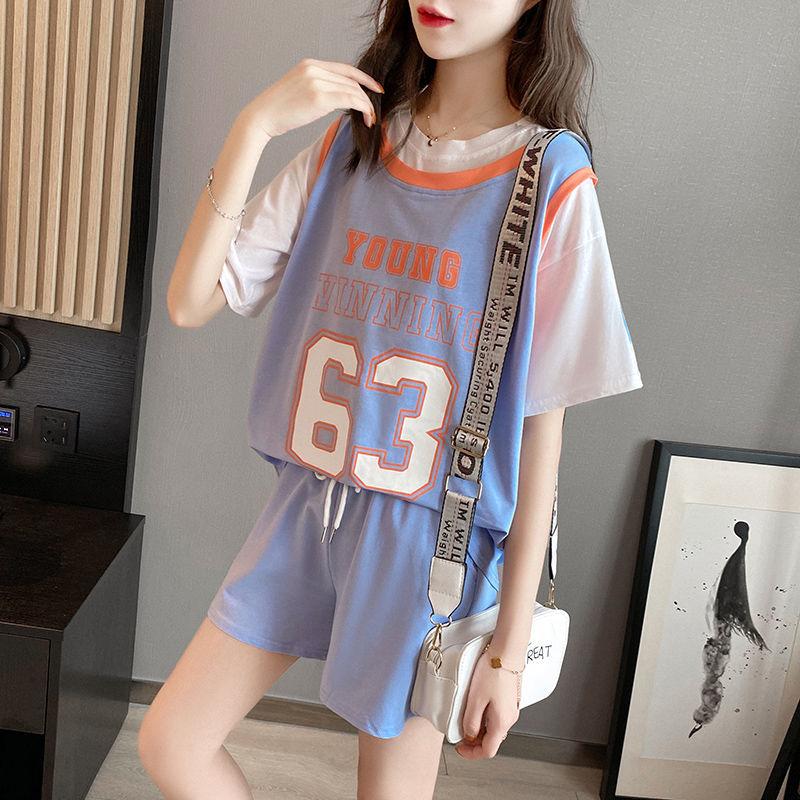 Summer Casual Suit Female Printed Loose Top Sports Shorts Two-piece Basketball Uniform Digital Pattern Loose Casual Suit Home Service