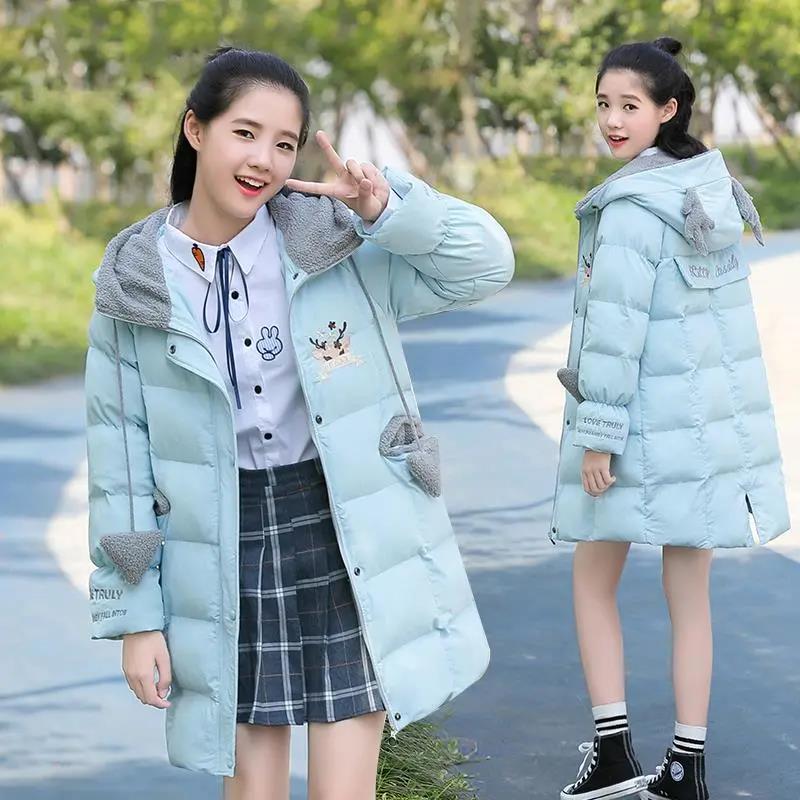 Girls' Cotton Jacket Mid-length Korean Thick Winter Hooded Padded Jacket Windproof and Warm Top