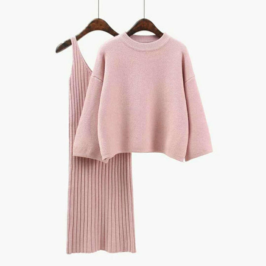 Loose Sweater Suit Women Pullover Sweater and Knitted sleeveless Strap Sweater Dress Two-piece Set Spring Autumn Solid Color Student Fashion Outfits