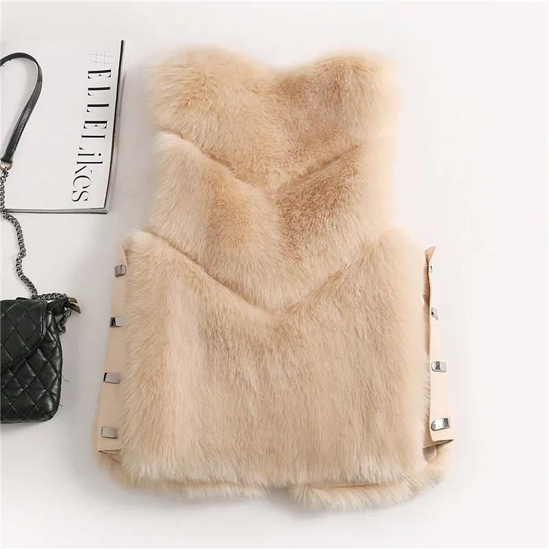 Autumn Winter Warm All-match Fur Vest Women's Leather Jacket Fashionable All-match Imitation Faux Fox Fur Waistcoat Stitching  Vest Short Jacket Slim