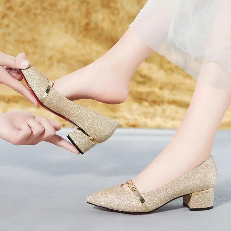 Spring and Autumn Korean Style All-match Single Shoes Pointed Toe Polished Yarn Fashion Ladies Rhinestone Mid-heel Thick Heel Casual Women's Shoes