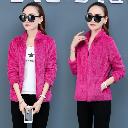 Autumn and Winter Plus Size Jacket Women's Stand-up Collar Plus Velvet Thick Double-sided Coral Fleece Fleece Short 2021 Polar Fleece Sweater