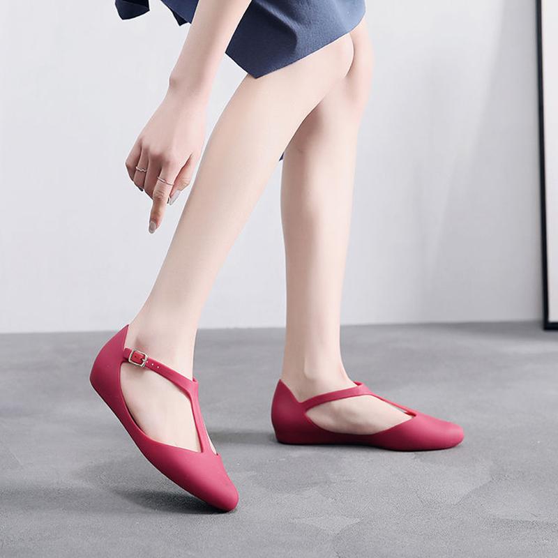 Women's Plastic Flat-bottomed Pointed Toe Closed Toe Fashion Shallow Mouth Frosted Summer and Autumn Soft Sandals Single Shoes