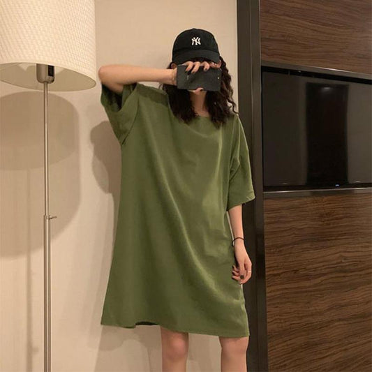 Solid Color Long Skirt Girls Short-sleeved Loose BF Style Pajamas Can Be Worn As Home Clothes