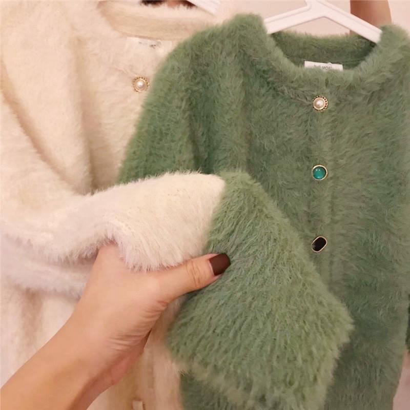 4 Colors Women Faux Mink Cashmere Lazy Loose Crew Neck Button Sweater Knitted Jacket Coat