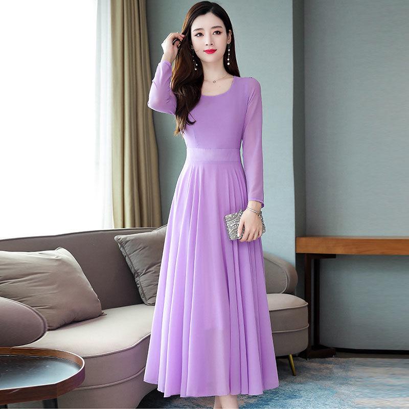 Chiffon large swing dress female long spring and autumn dress plus size long-sleeved slim skirt