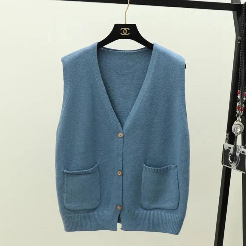 Knitted Vest Women Short Korean Version of Loose V-neck Pocket Sleeveless Wool Vest Cardigan Women Jacket Spring Autumn