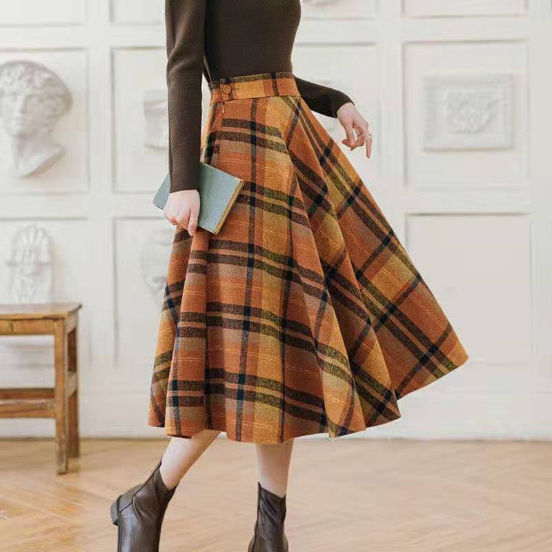 Two Piece Set Women Knitting Korean Elegant Conjunto Femenino Solid Sweater+plaid Long Skirts Autumn Winter Clothing