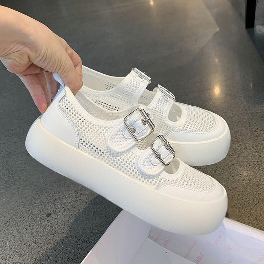 Summer Mesh Shoes Female Students Thick-soled Mesh Bread Shoes Japanese Hollow Women's Shoes Breathable Comfortable Women's Shoes