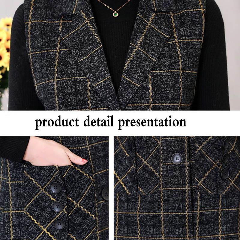 Mom's Autumn Vest Jacket Mid-length Plaid Waistcoat Middle-aged and Elderly Women's Spring and Autumn Woolen Vest