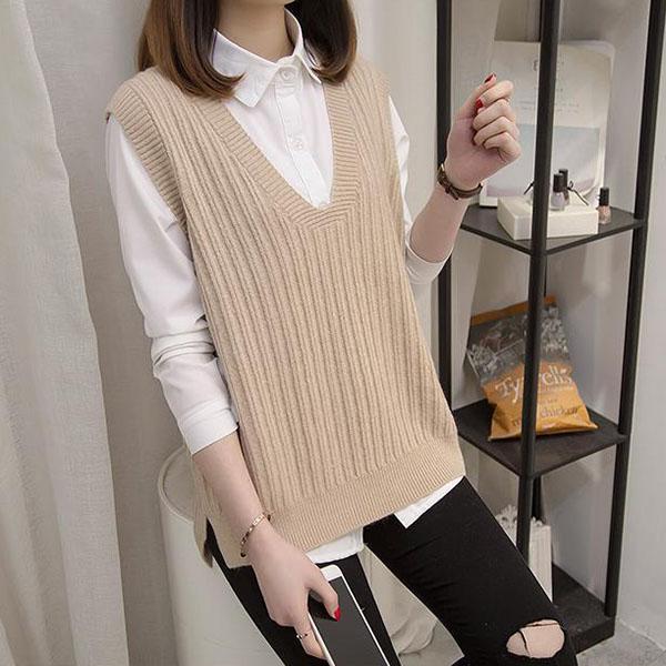 Loose Pullover Knit Vest, Short V-neck Sleeveless Sweater All-match Outer Wear